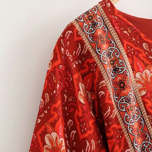 Bohemian Red floral Print Babydoll Mini Dress - Picture 5 of 9